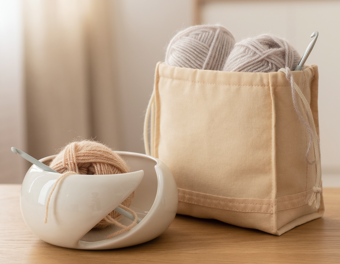 AI-generated illustrative image for Ceramic Yarn Bowl vs Project Bag for Crochet