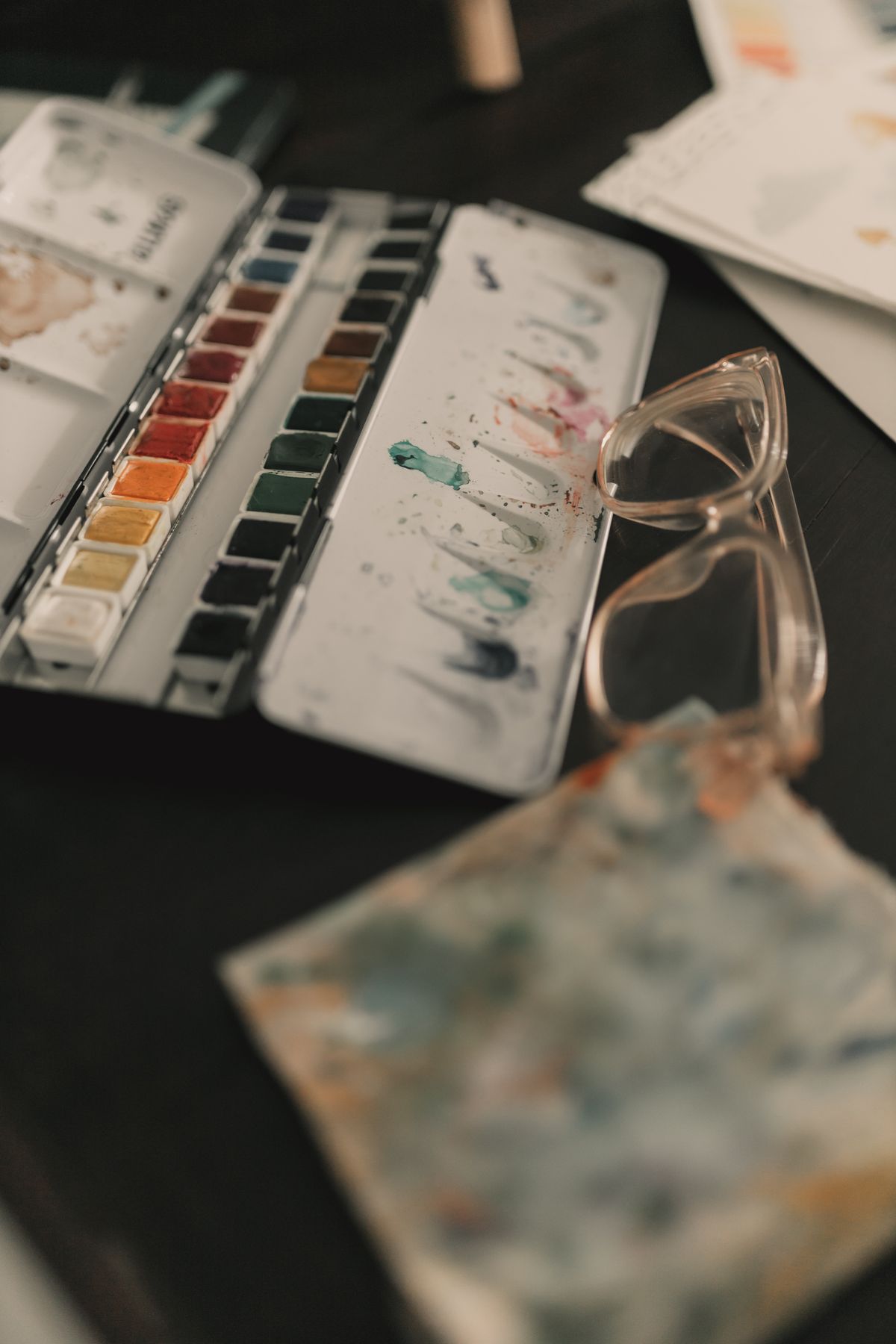 Watercolour paints and palette