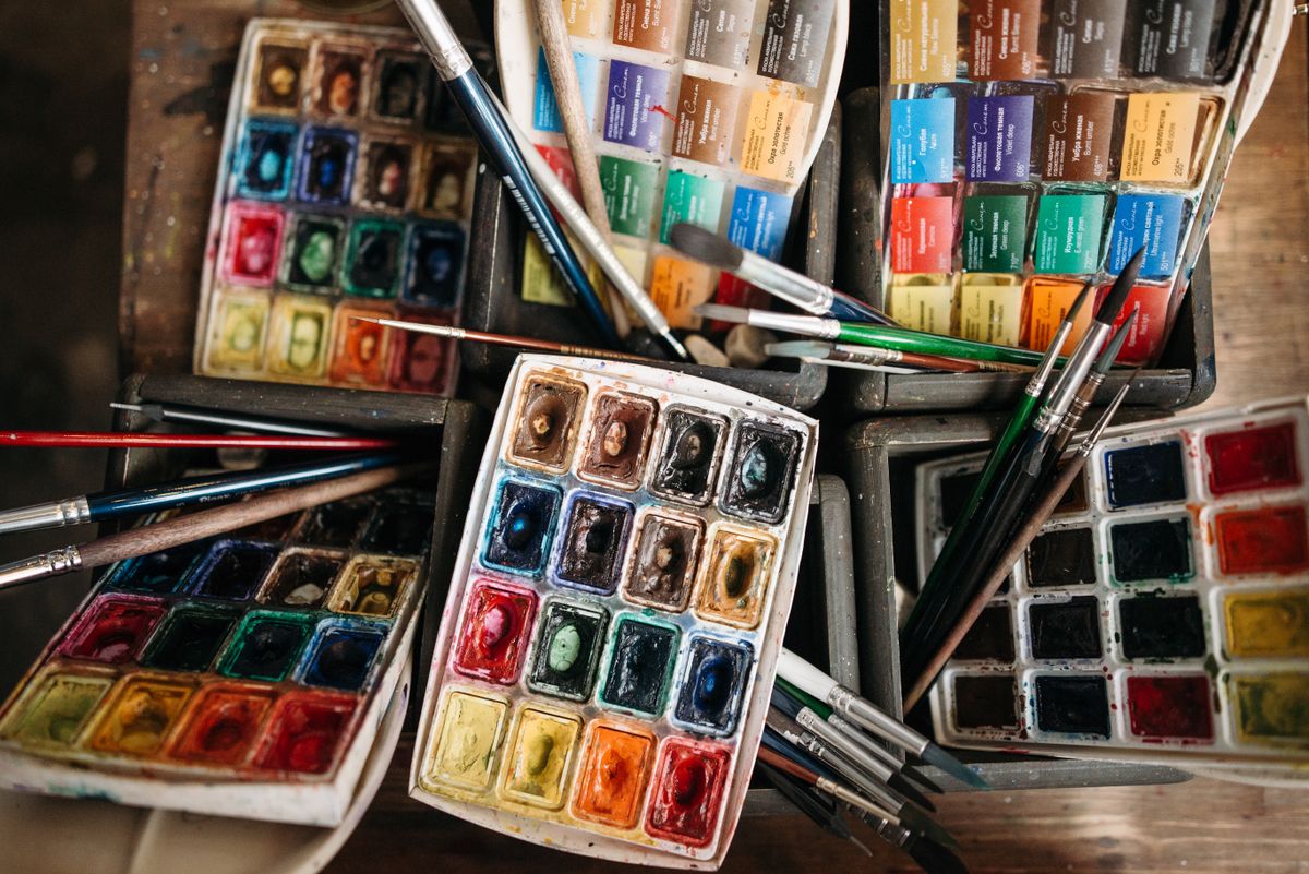 Watercolour palette and brushes