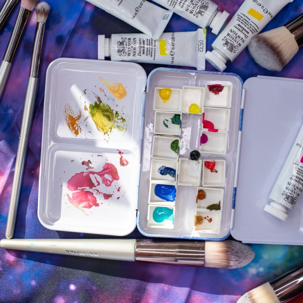 Watercolour brushes and paint
