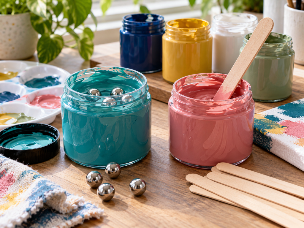 AI-generated illustration: Craft paint mixing balls and wooden stirrers comparison