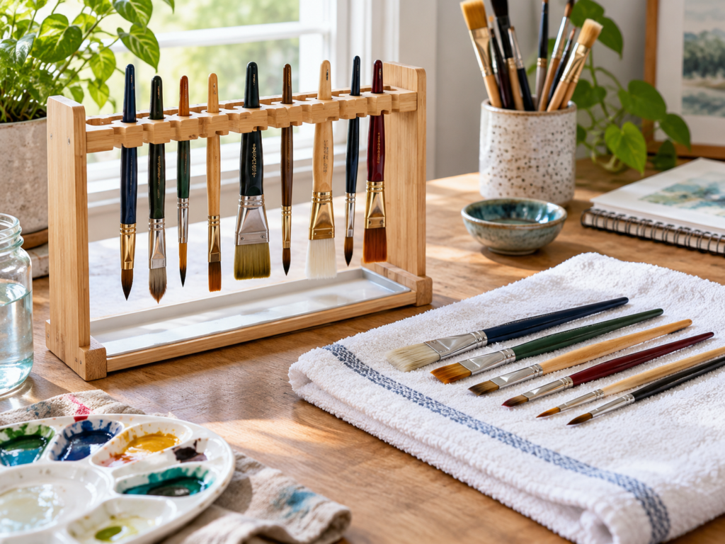 AI-generated illustration: Paintbrush drying rack and flat towel comparison