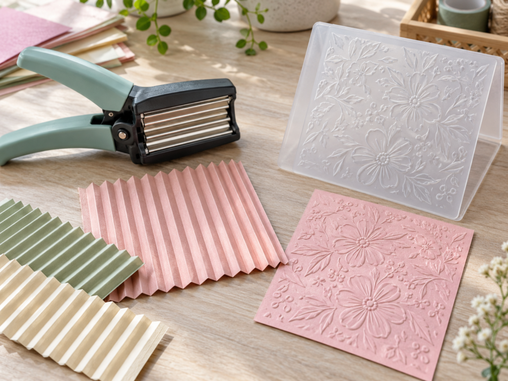 Illustrative paper crimper, embossing folder and textured cardstock