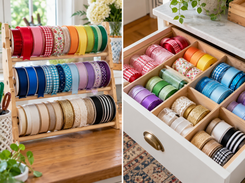 AI-generated illustration: Ribbon spool rack and craft drawer divider comparison